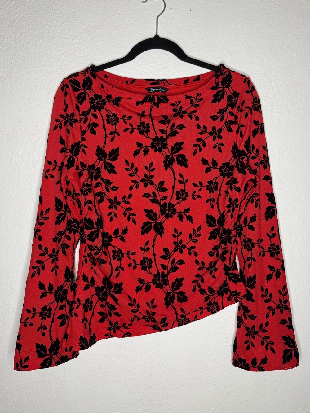 Prettygarden Long Bell Sleeve Floral Mesh Top Boho Boat Neck Rushed Assymetrical